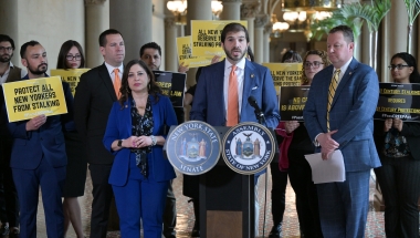 State Senator Andrew Gounardes speaking at a press event in support of the CREEP Act.
